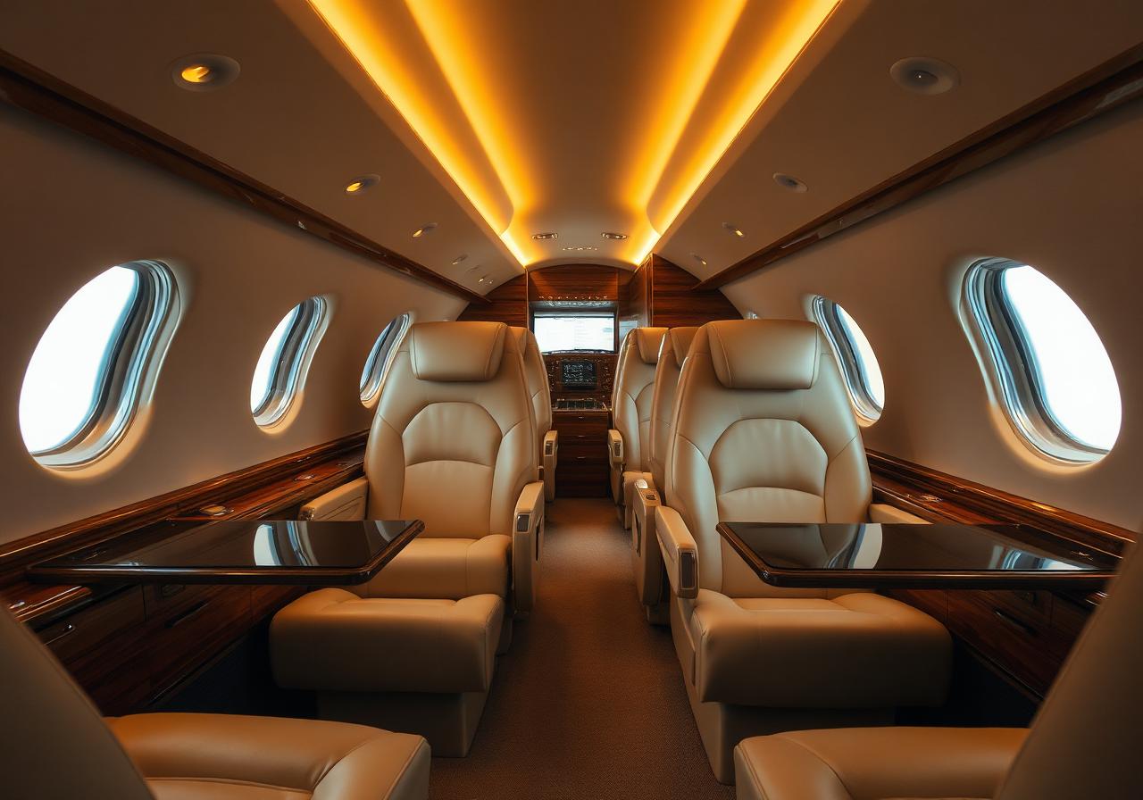 Minimalist private jet cabin in cream and warm light